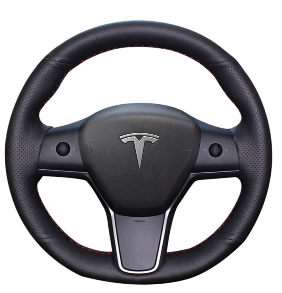 Housse de volant antidérapant fibre de carbone rouge/marron/rouge pour Tesla  mo