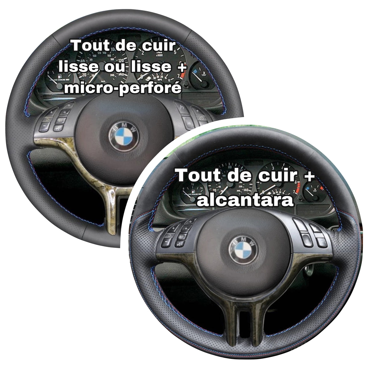 Couvre Volant sur Mesure pour BMW E46 Coupé Cuir Lisse + Perforé Couture  Noir
